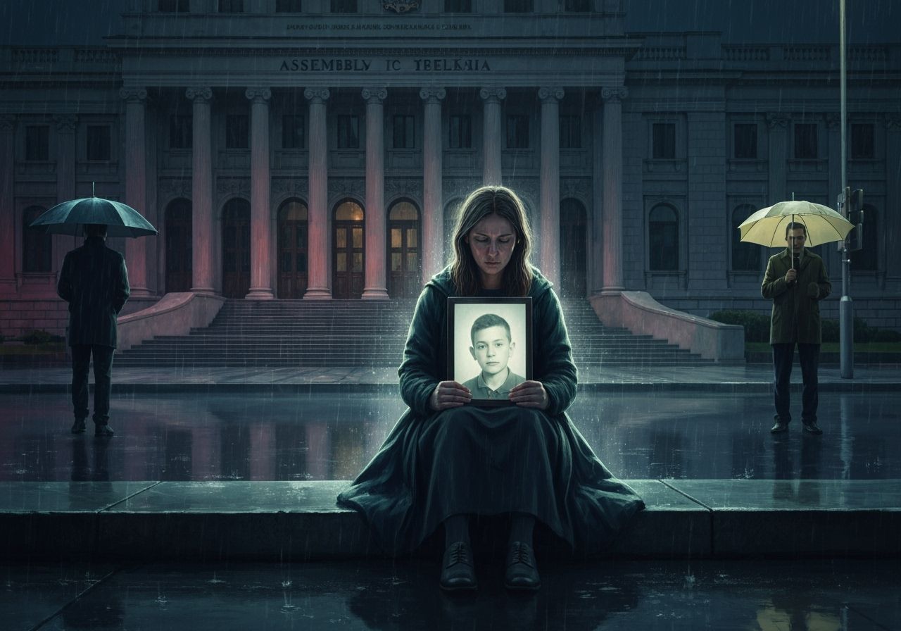 Woman on Hunger Strike in Belgrade Night Rain