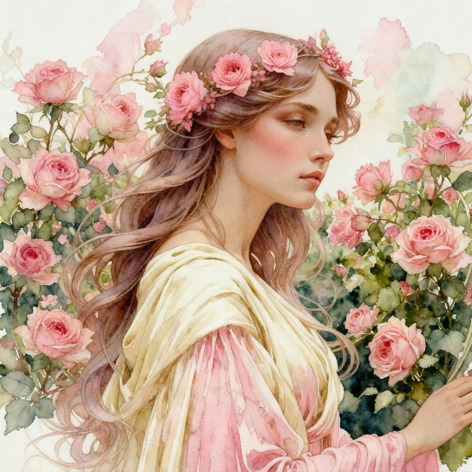Ethereal Woman with Flowers in Soft Watercolor Style