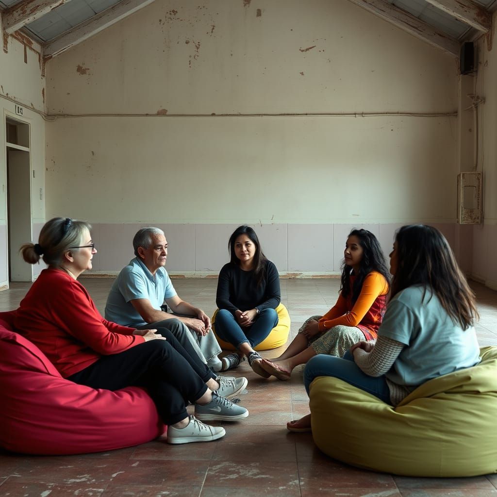 Serene People in Dilapidated Hall