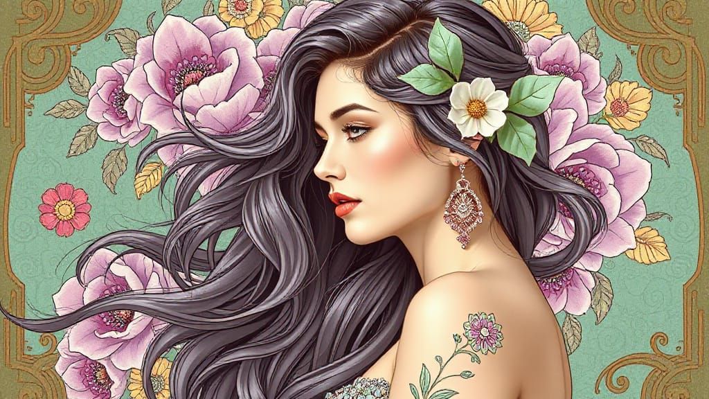 Art Nouveau Woman in Ethereal Pastel Landscape