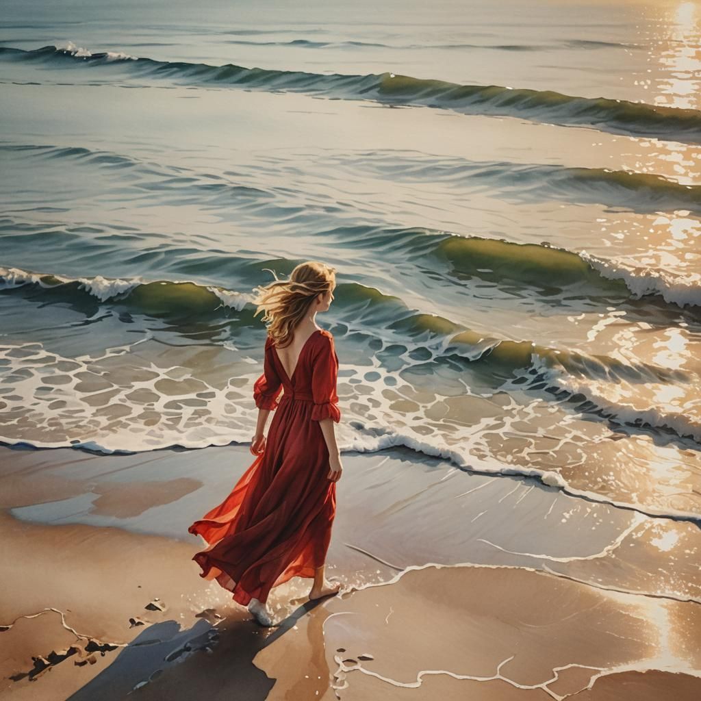 Italian Renaissance Woman in Red Dress on Beach