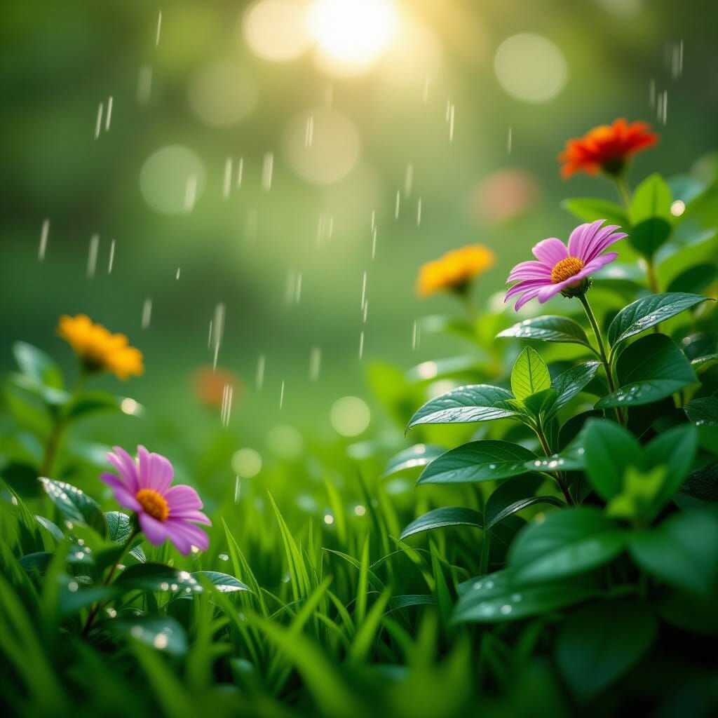Lush Garden After Rain with Sparkling Droplets and Fog