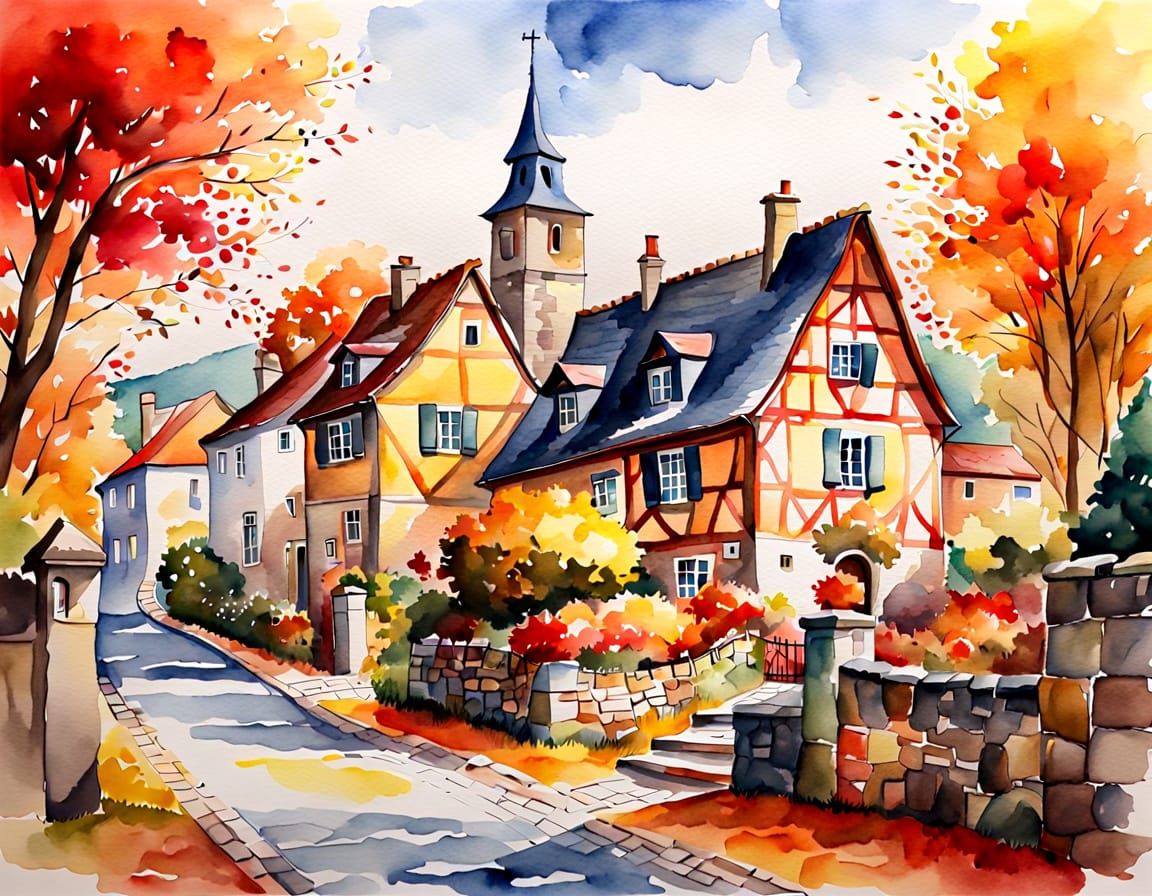 Charming Autumn Village in Watercolor Style
