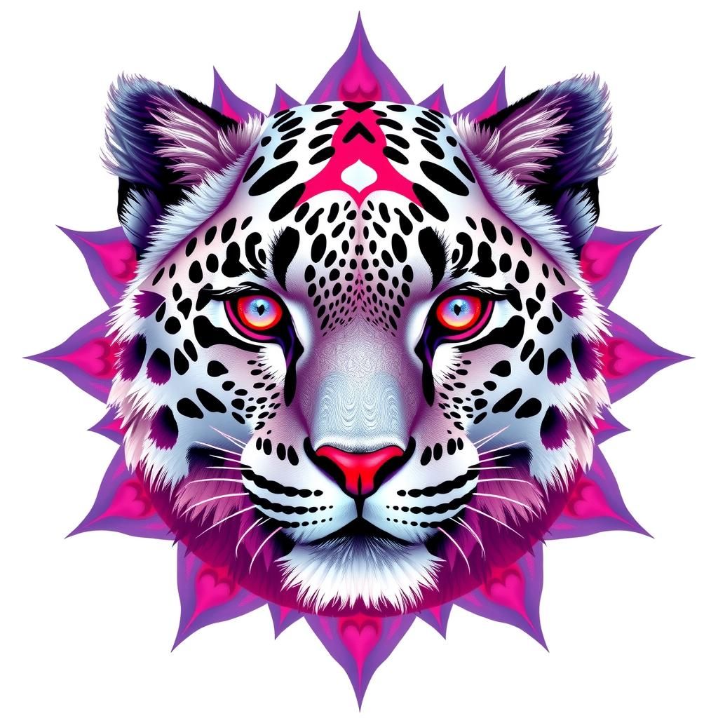 Sacred Geometry Snow Leopard in Red and Indigo