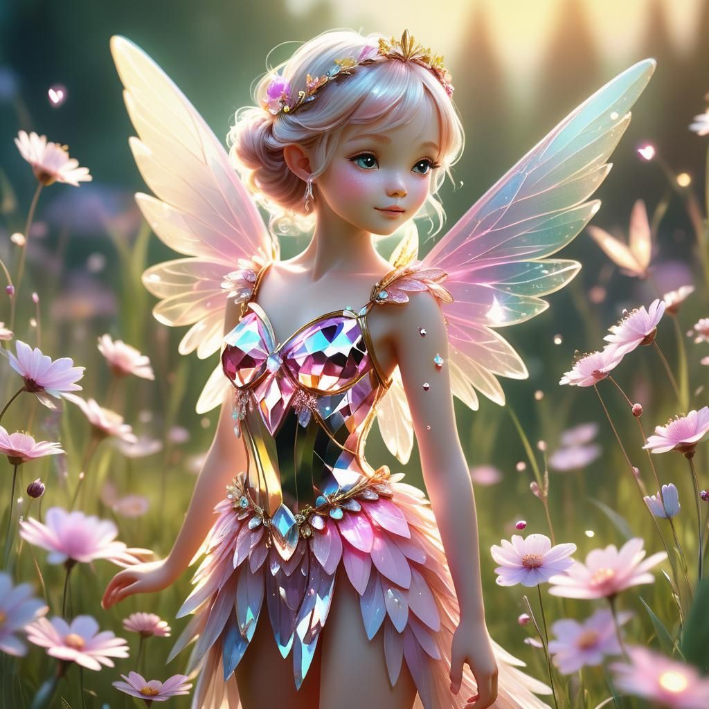 Crystal Fairy in Lush Meadow: Digital Fantasy Art