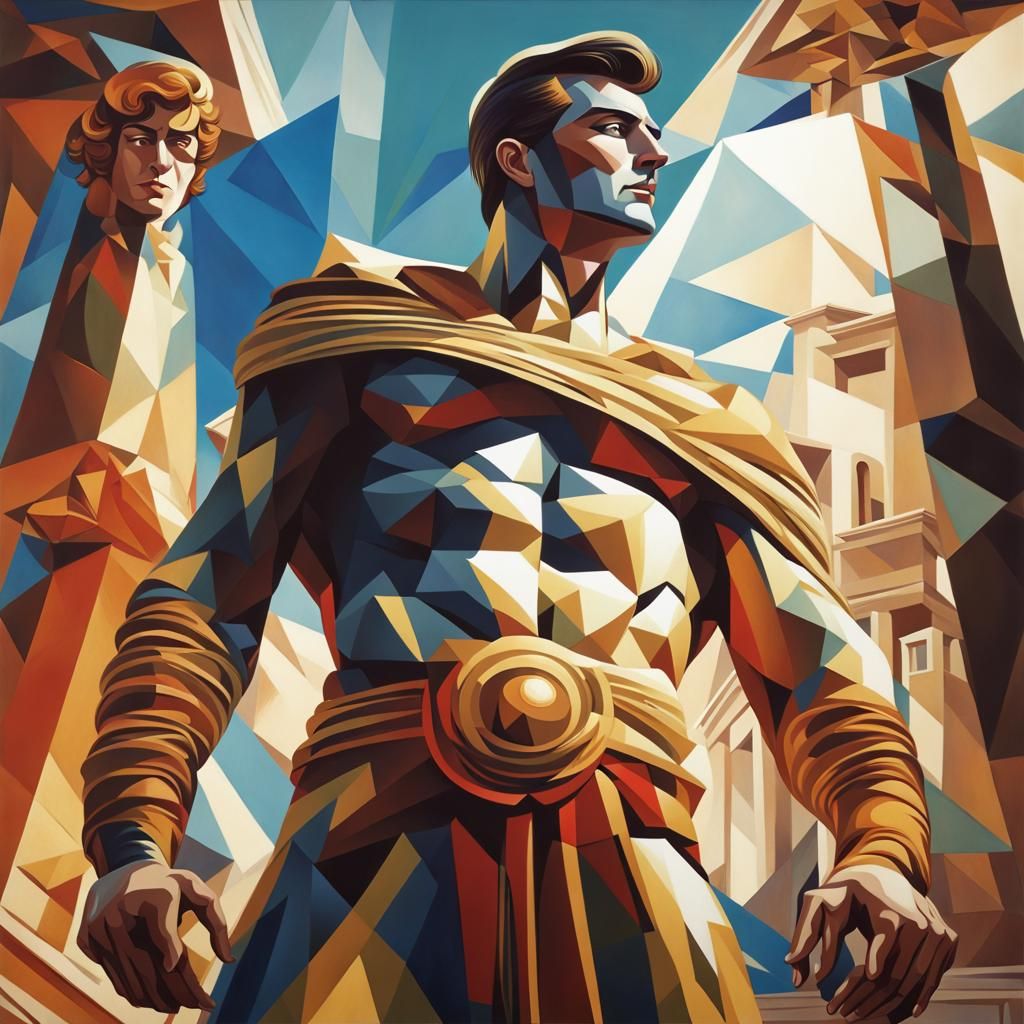 Muscle Man in Golden Palace, Abstract Cubism Style