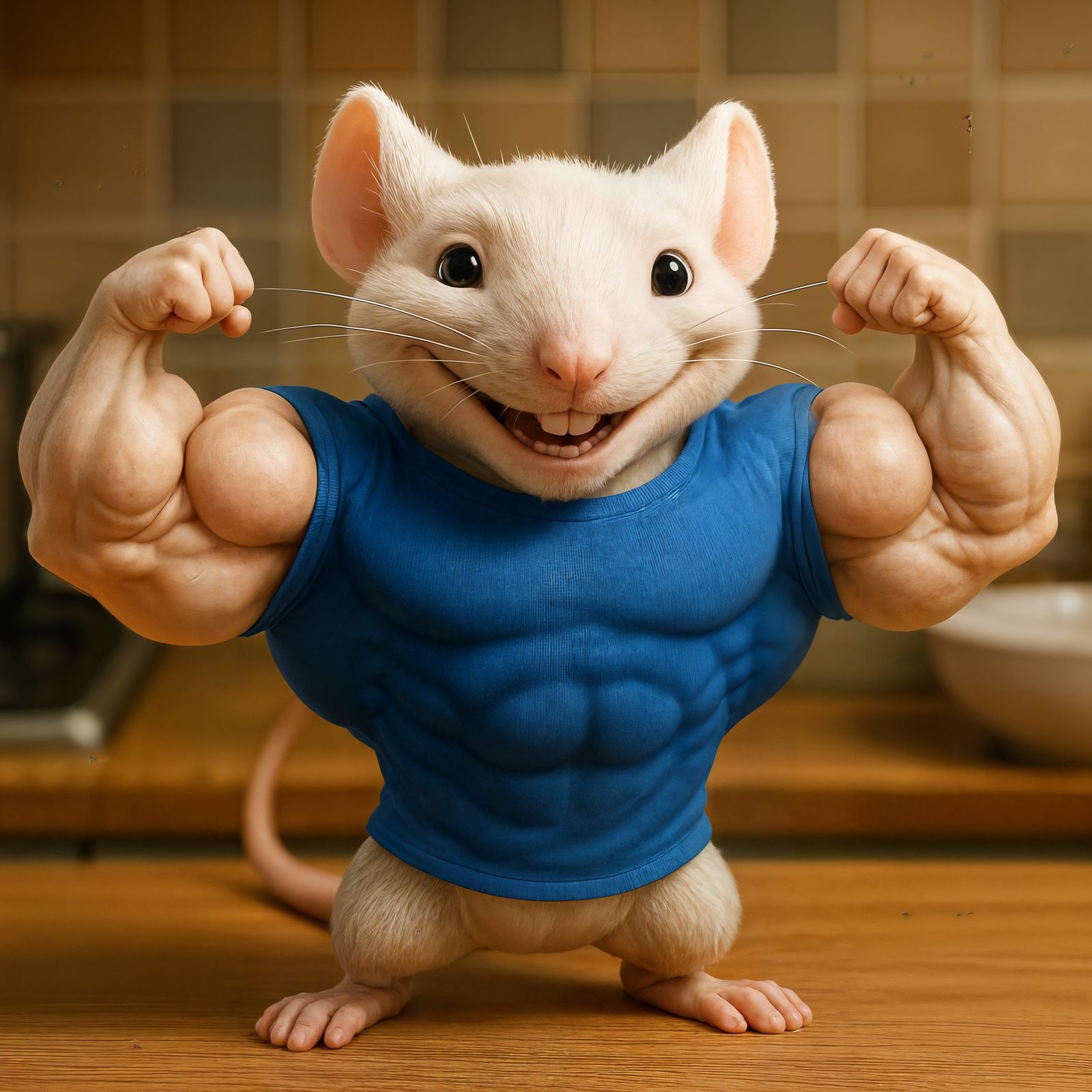 Stuart Little Mouse Flexing Muscles on Kitchen Table