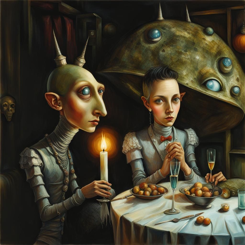 Surreal Restaurant Celebration with Exotic Aliens: Photoreal...