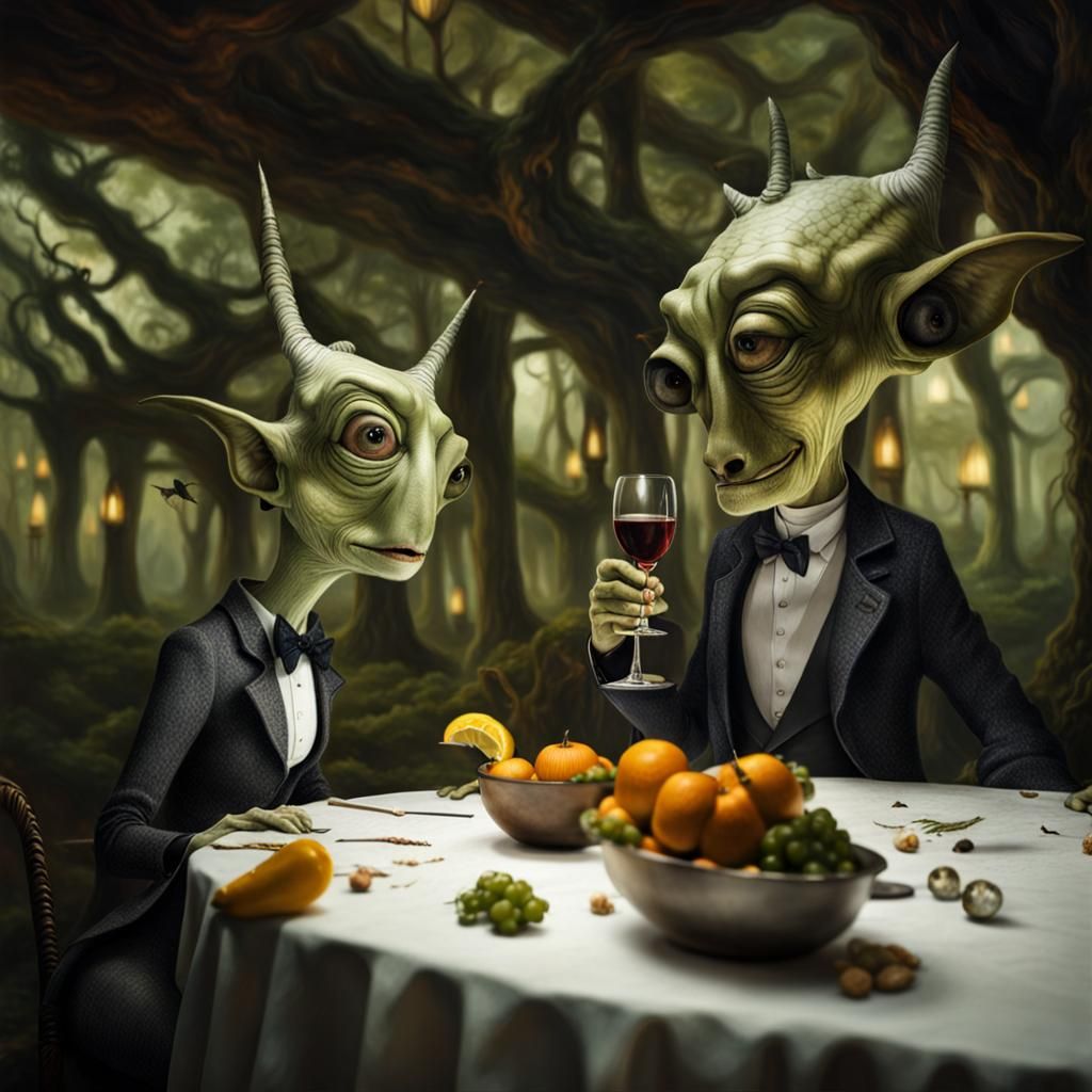 Surreal Restaurant Scene with Beautiful Aliens, Photography