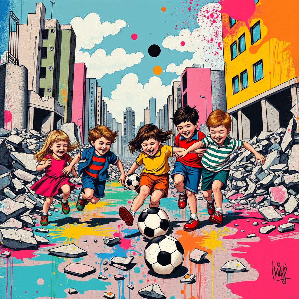 Children Playing Football in Post-War City, in Pop Art Style
