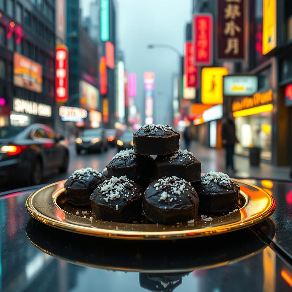 Cyberpunk City Rain: Chocolate Treats on Gold Plate