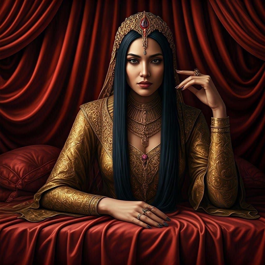 Opulent Queen on Throne with Hidden Intentions