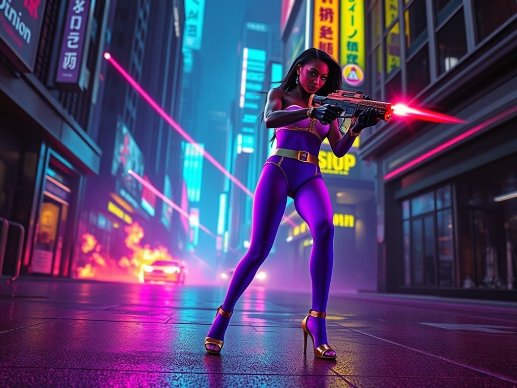 Cyberpunk Woman Shoots Energy Pistols in Neon City