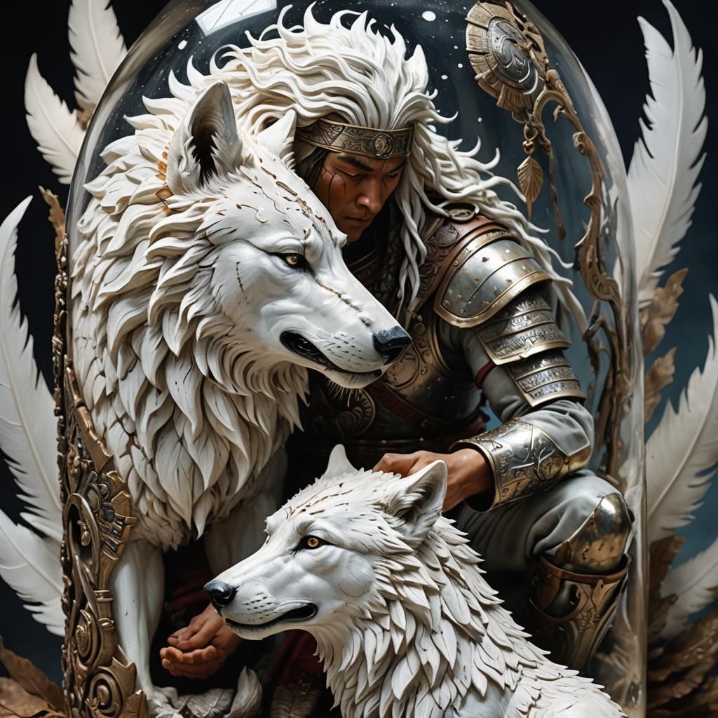 Warrior and Wolf Bond in Mystical Ship-in-Bottle Scene