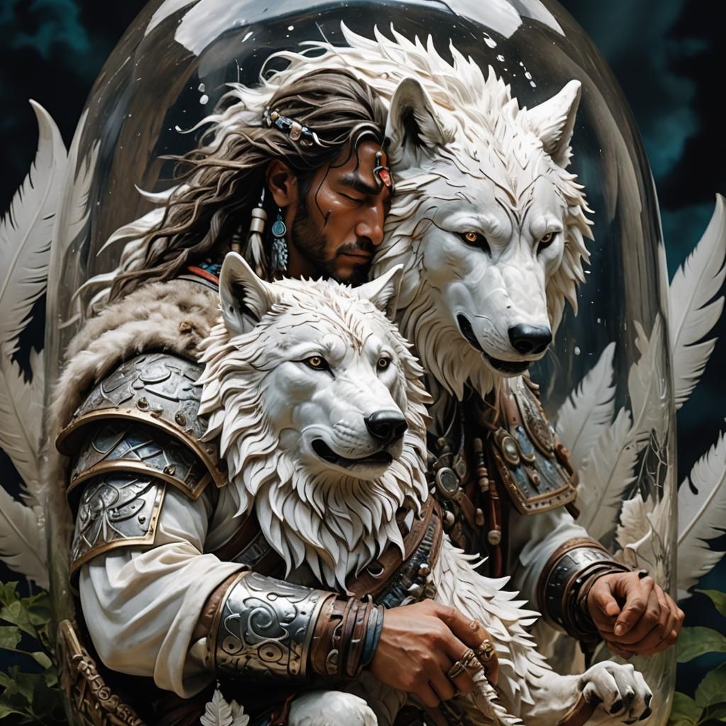 Warrior and Wolf Bond in Ship-in-Bottle Scene