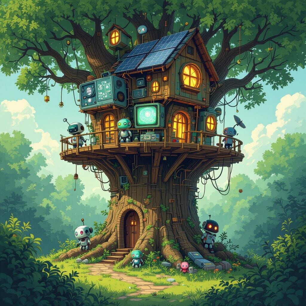 Whimsical Robot Treehouse in Ghibli Style