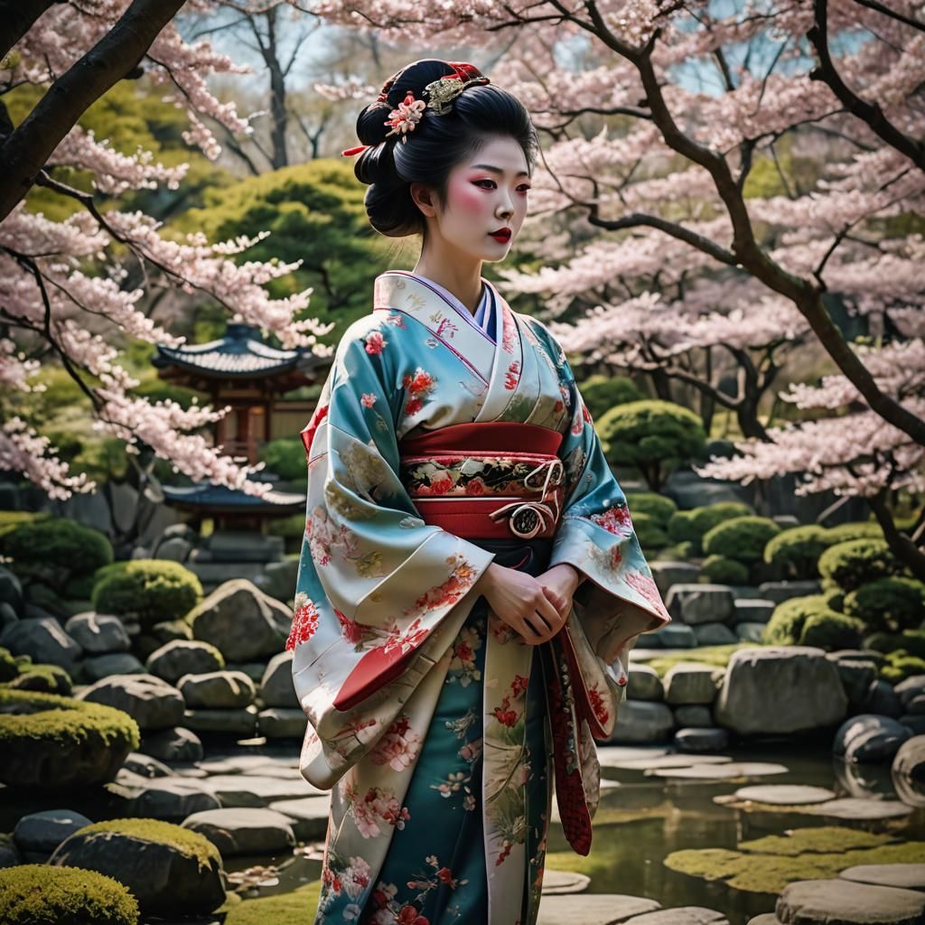 Geisha in Japanese Garden with Ornate Kimono