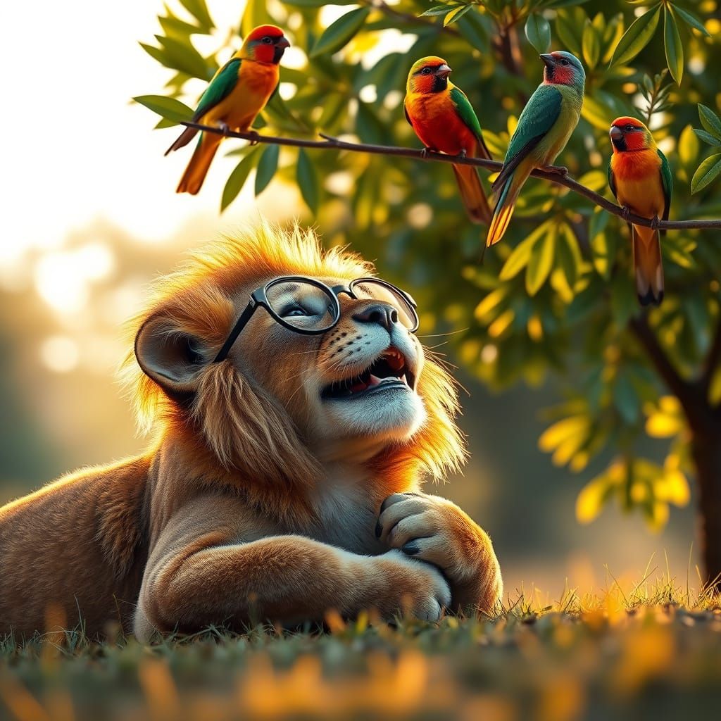 Nerdy Lion Joyfully Watches Birds in Golden Hour Light
