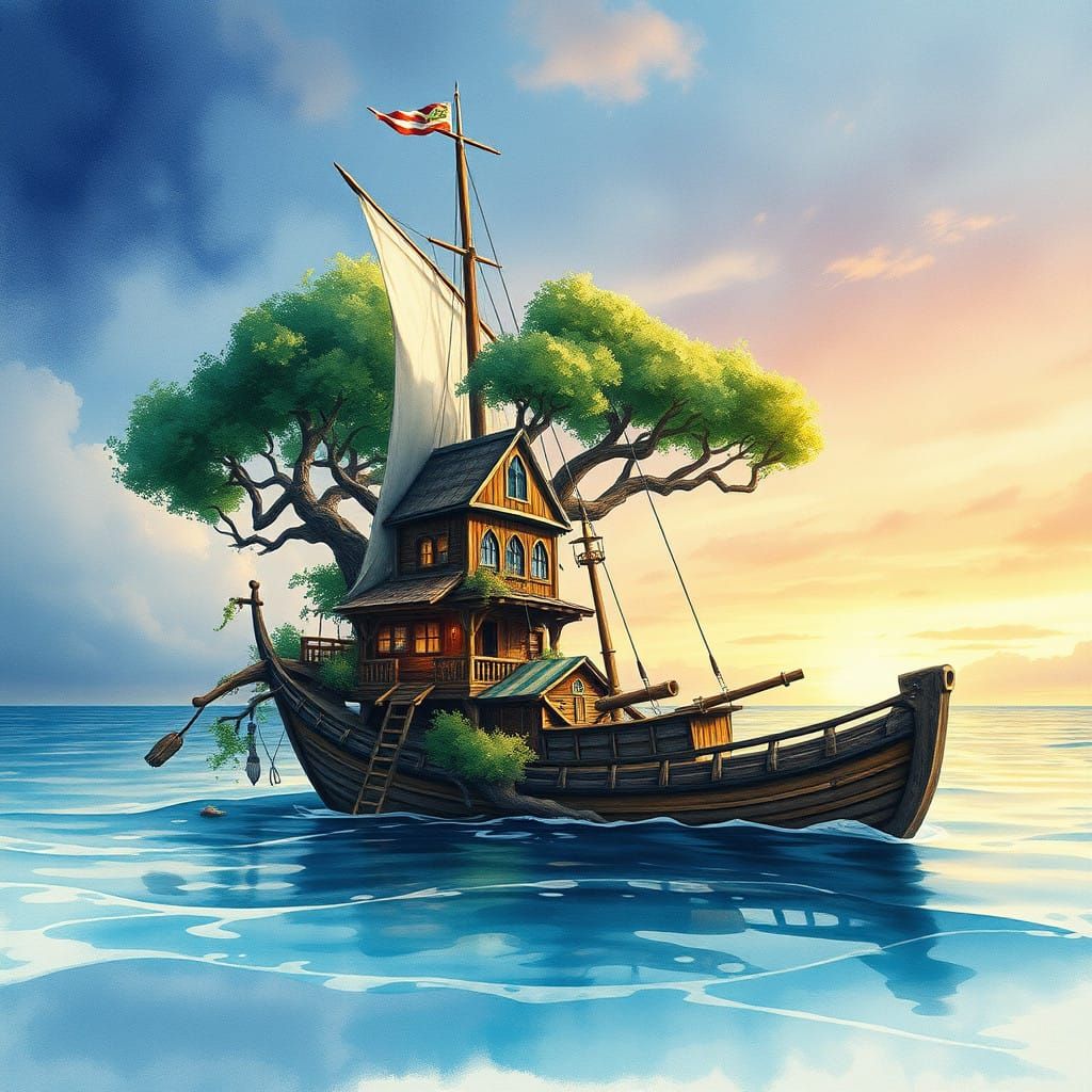 Fantastical Sailboat Treehouse in Deep Color