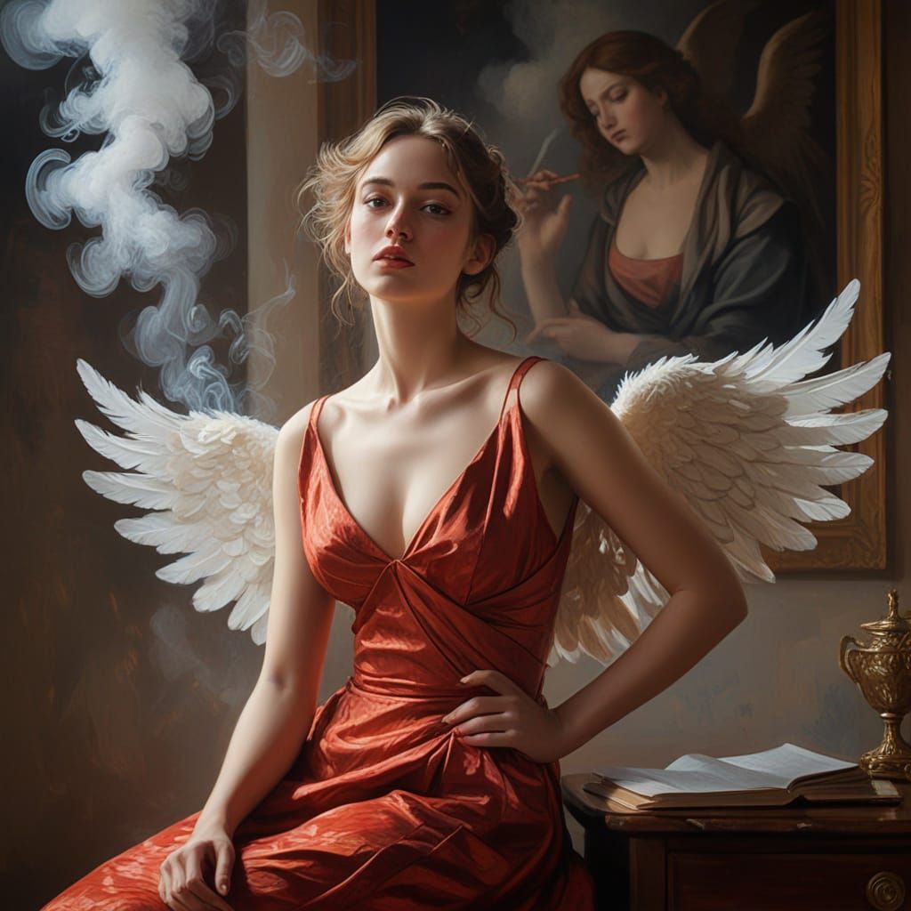 Angel in Cezanne Style Oil Painting with Red and Silver Fash...