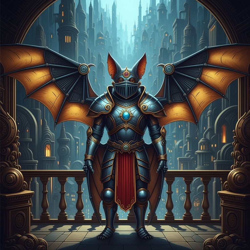 Fruit Bat Knight in Retro-Futuristic Armor Overlooking City