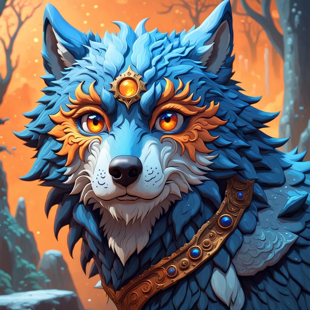 Blue Wolf with Heterochromia Fantasy Concept Art