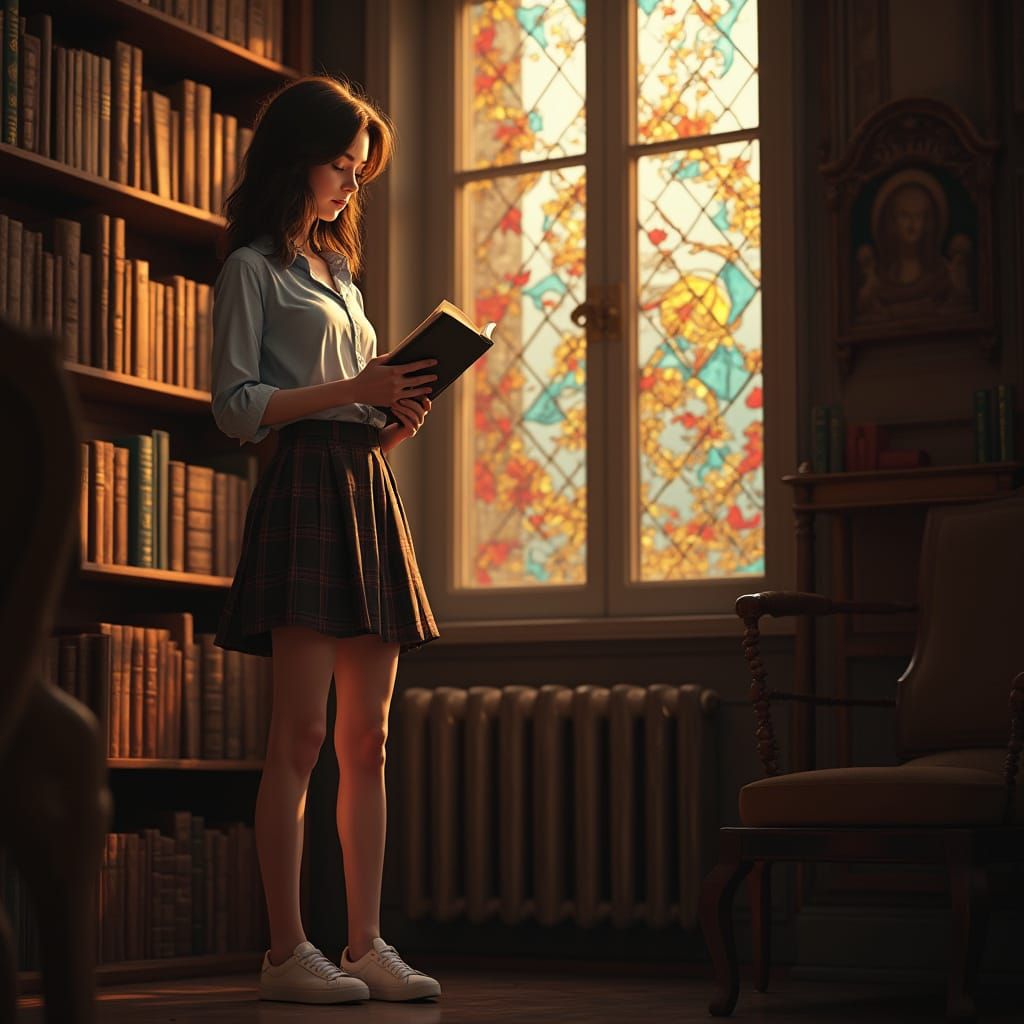 Young Woman Reads in Sunlit Library, Hyperrealistic Photo