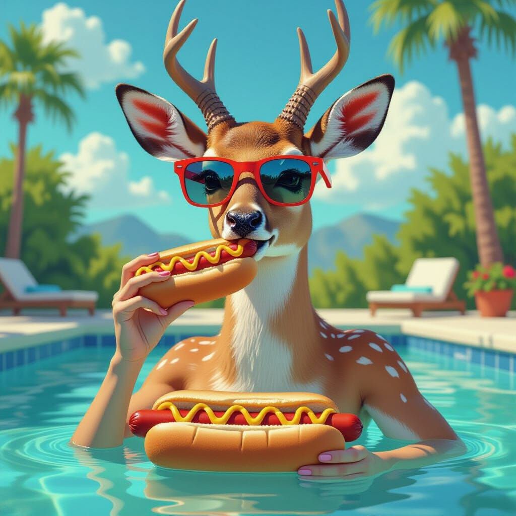 Humanoid Deer with Sunglasses Enjoys Poolside Hotdog