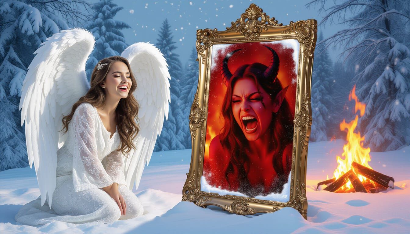 Angel and Demon Reflection in Mirror: Graffiti Art Style