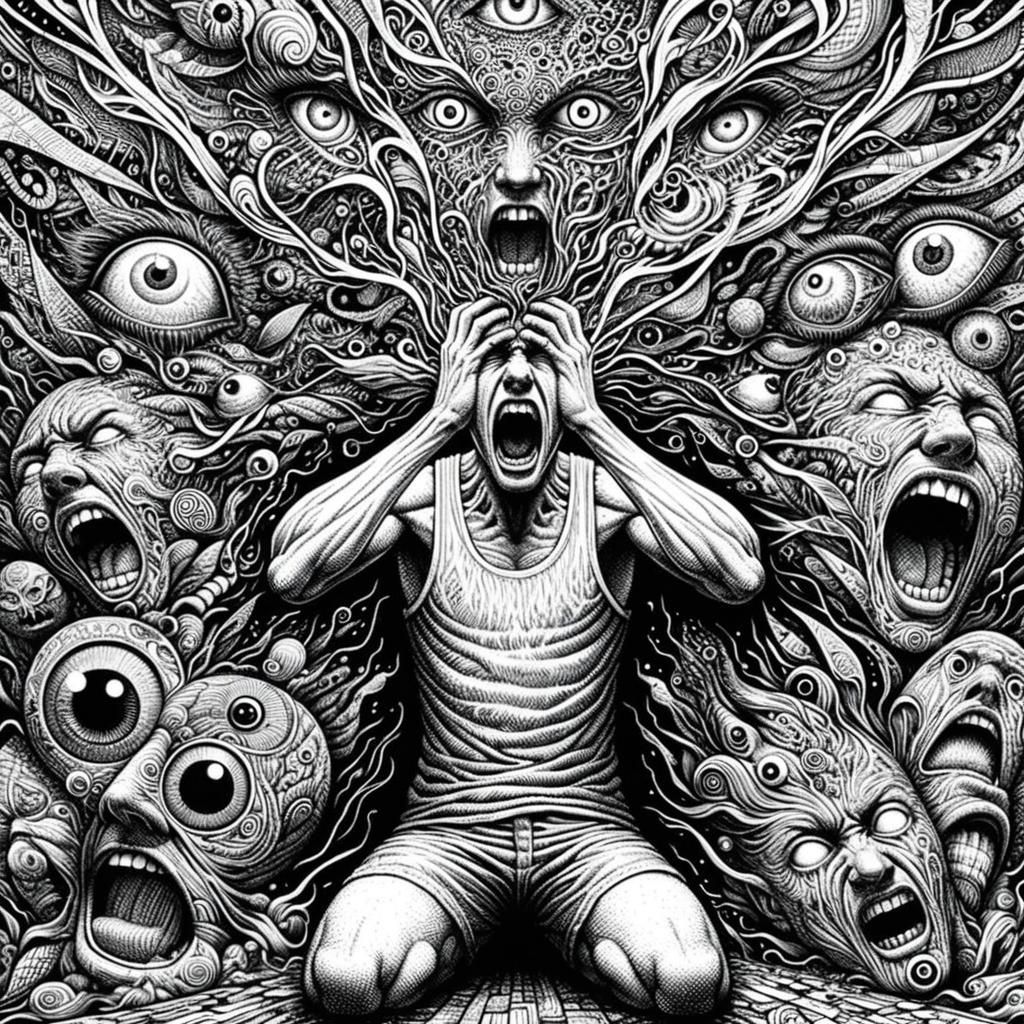 Intricate Pen Drawing of Screaming Figure in Surreal Scene