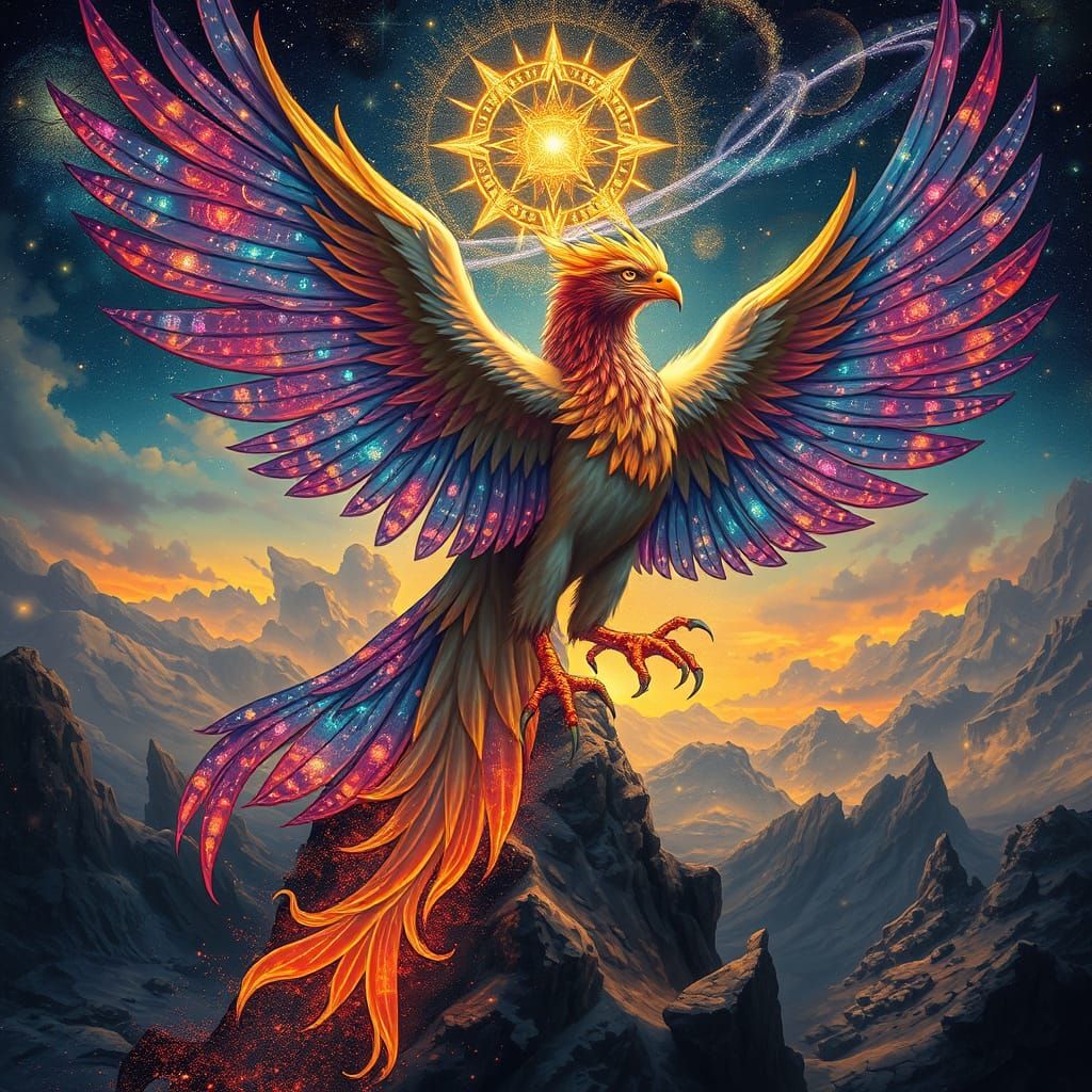 Celestial Phoenix Rising: Art Nouveau Digital Painting