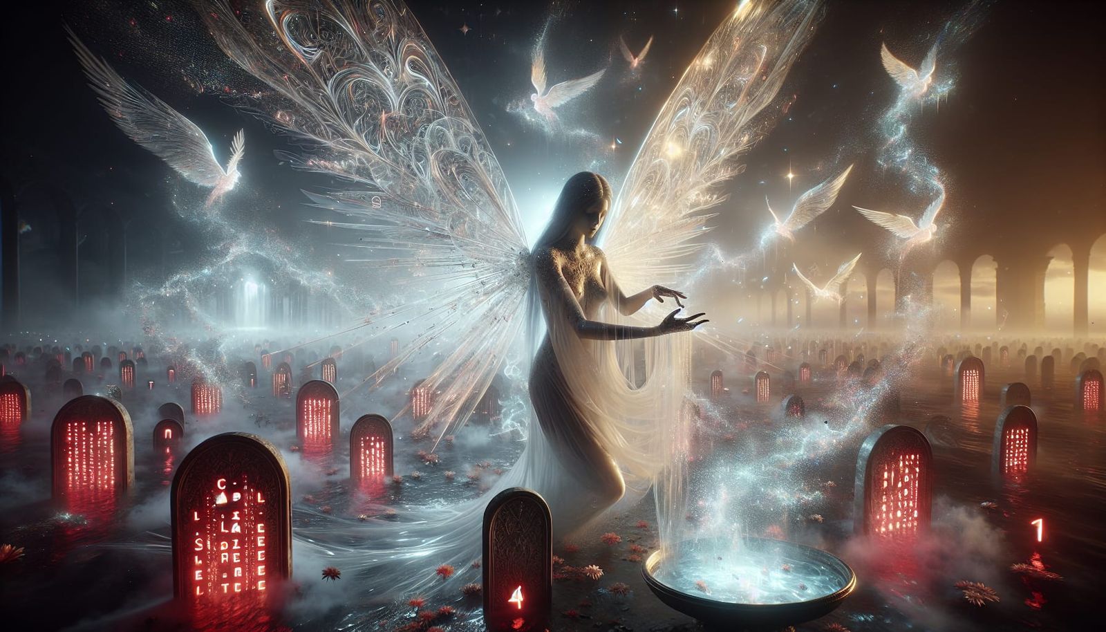 Fairy of Oblivion Beside Spectral Graves and Glowing Tablets