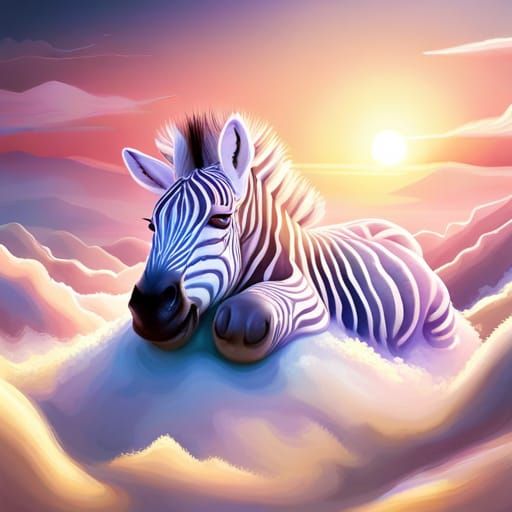 Cute Furry Zebra Sleeping on Cloud in 3D Render
