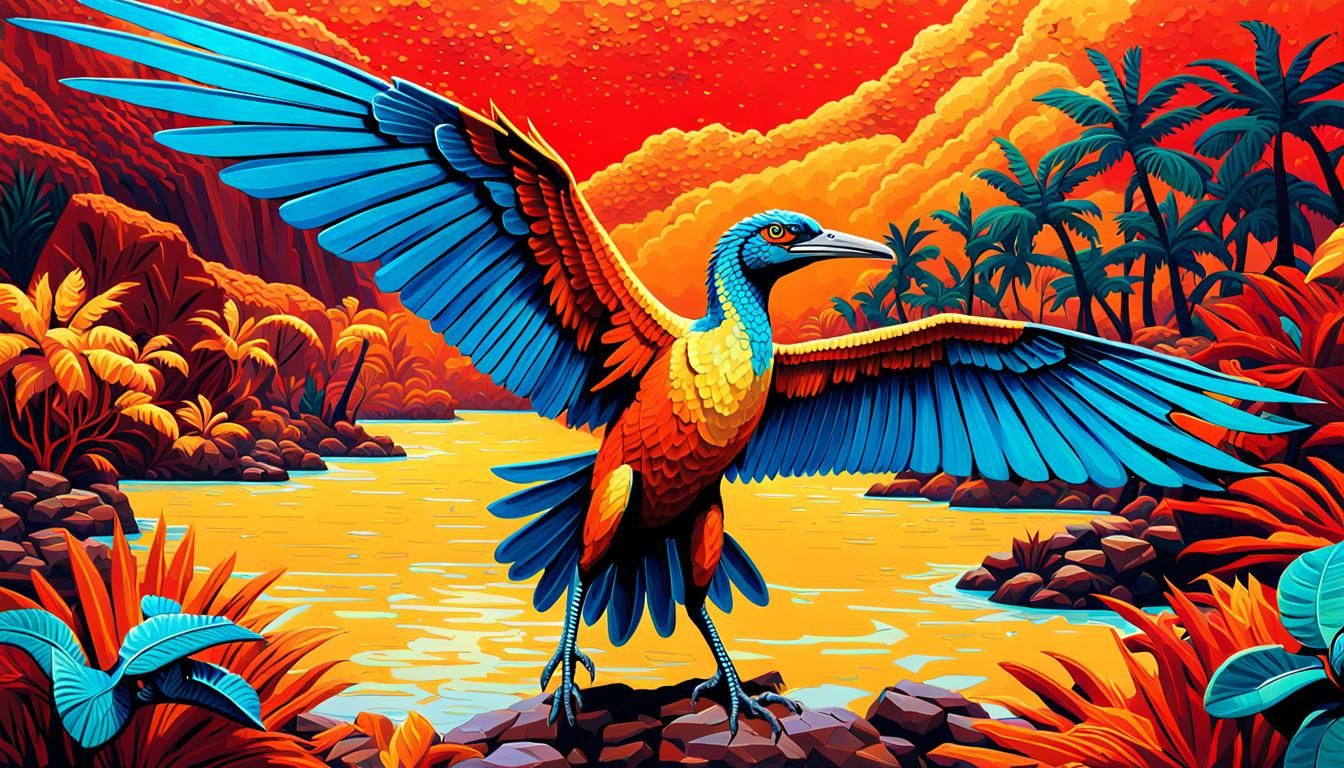 Archaeopteryx Dinosaur in Subtropical Lagoon: Expressionist ...