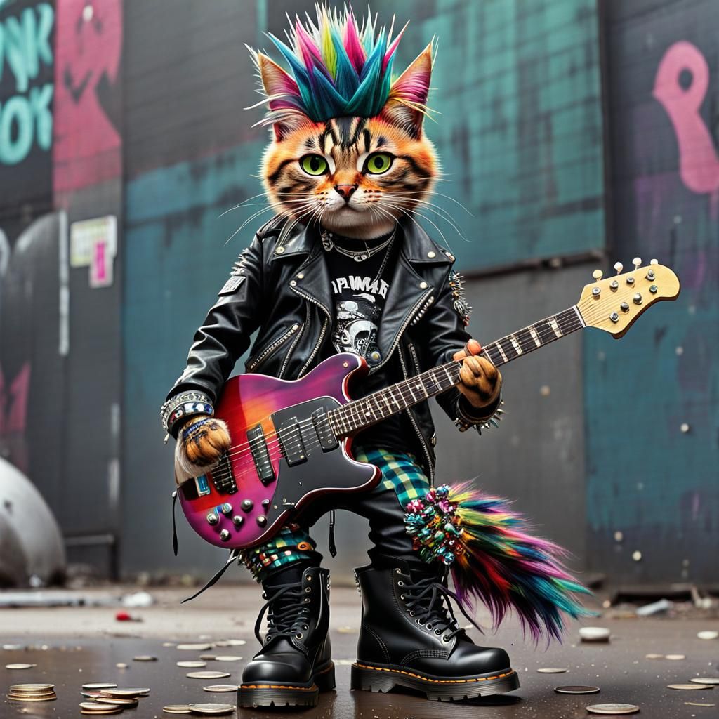 Punk Rock Cat Busker in Hyperrealistic Style
