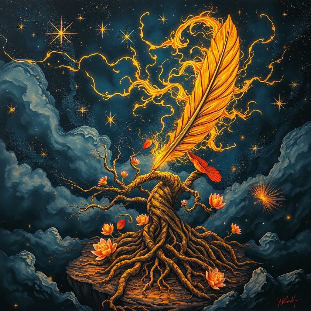 Cosmic Quill Dance in Starry Void