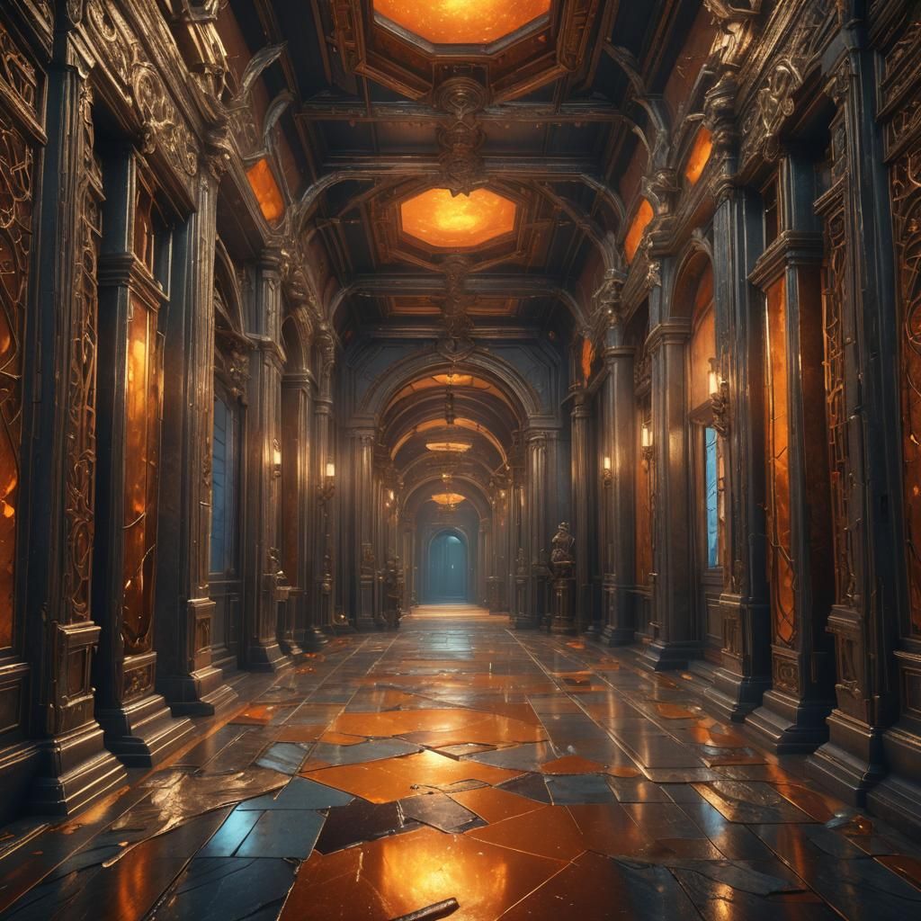 Orange Labradorite Hallway: Detailed Fantasy Concept Art