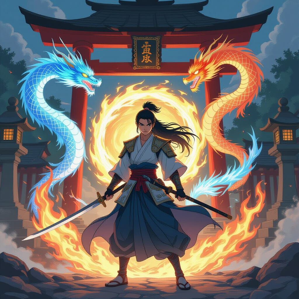 Anime Warrior Amidst Elemental Spirit Dragons