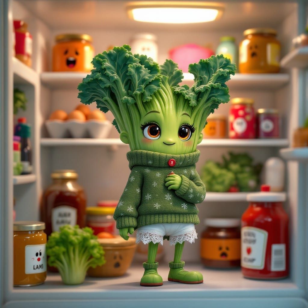 Whimsical Christmas Kale on Refrigerator Shelf