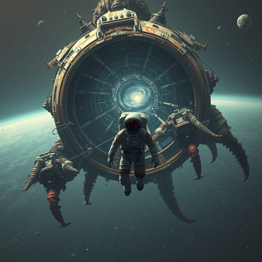 Astronaut Drifts Near Skeletal Space Station in Cosmic Horro...