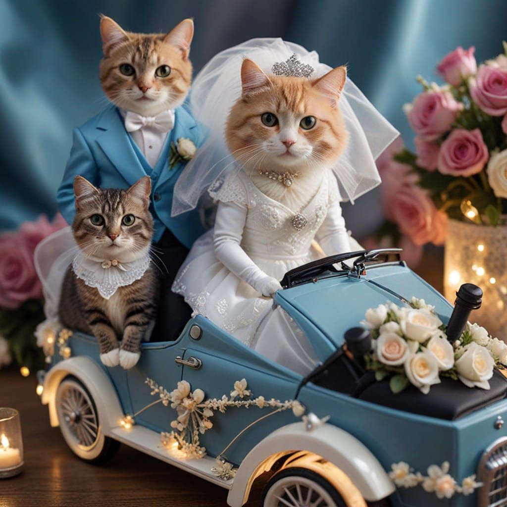 Feline Wedding Couple in Miniature Car