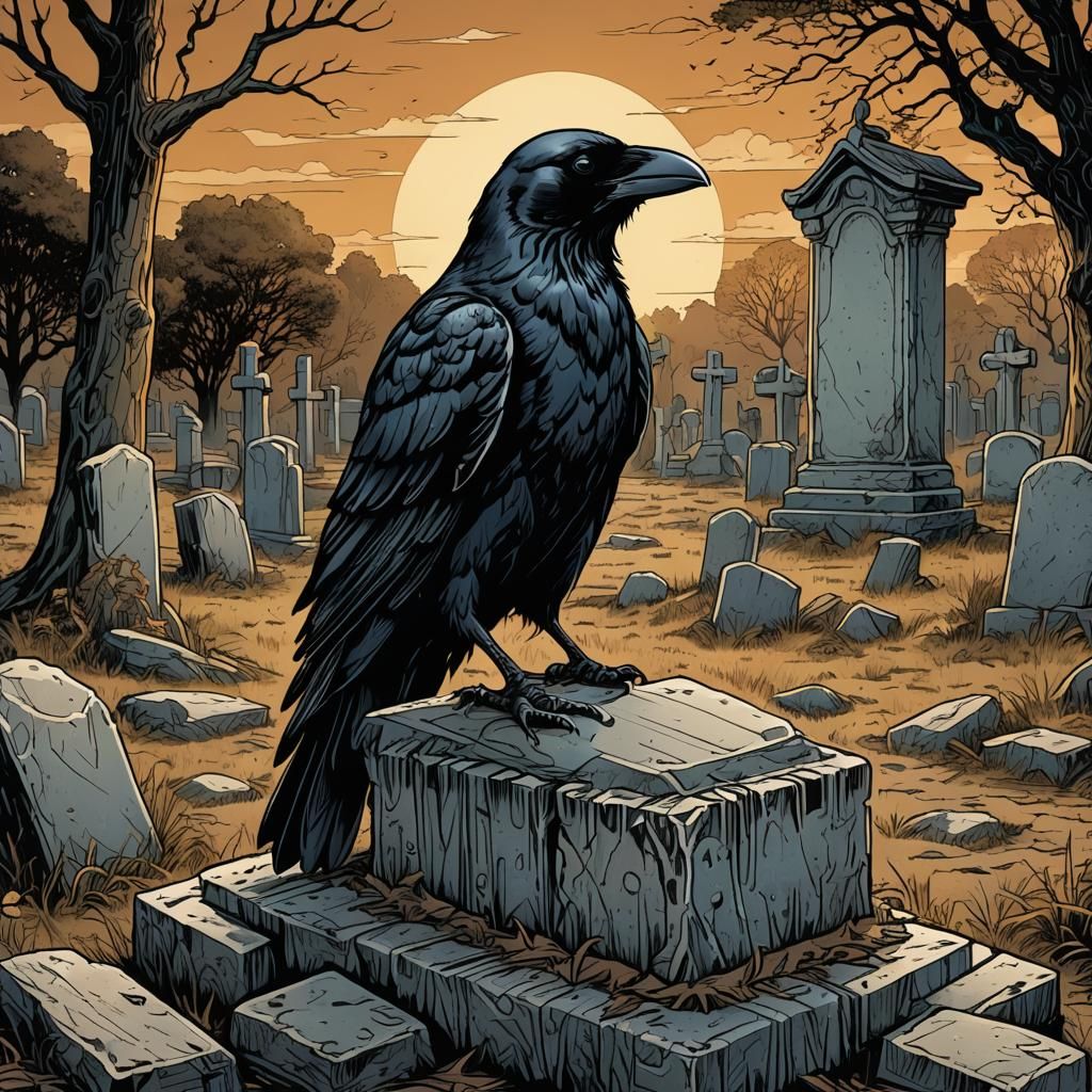 Crow on Grave: Comic Book Style Illustration