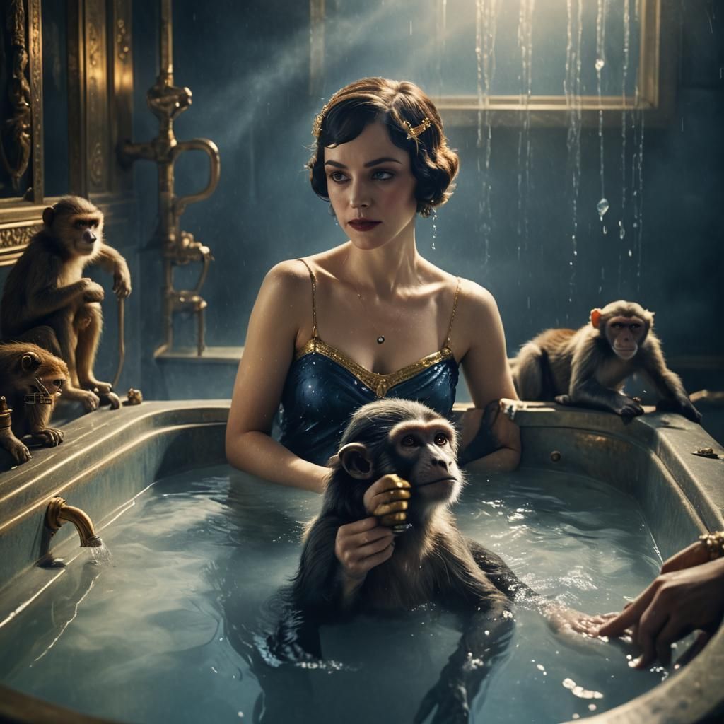 Woman with Monkey in Sci-Fi Bathtub