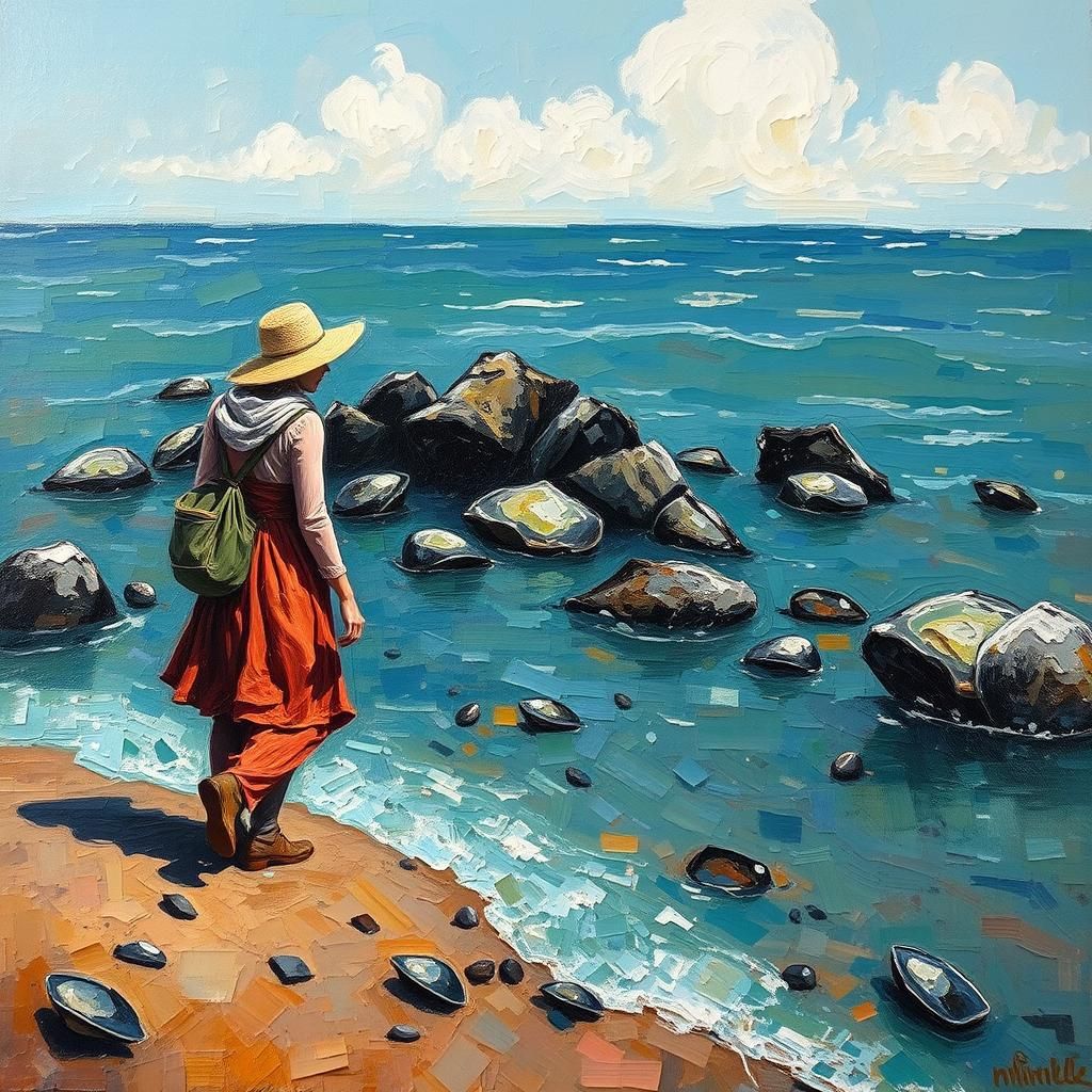 Neo-Impressionist Woman Walking Towards Water