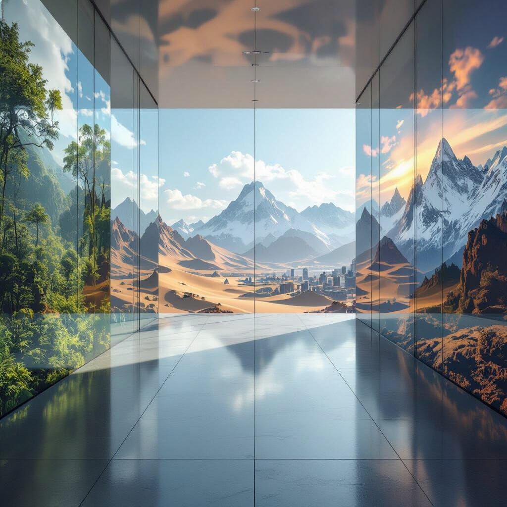 Surreal Room with Transparent Walls Reflecting Landscapes