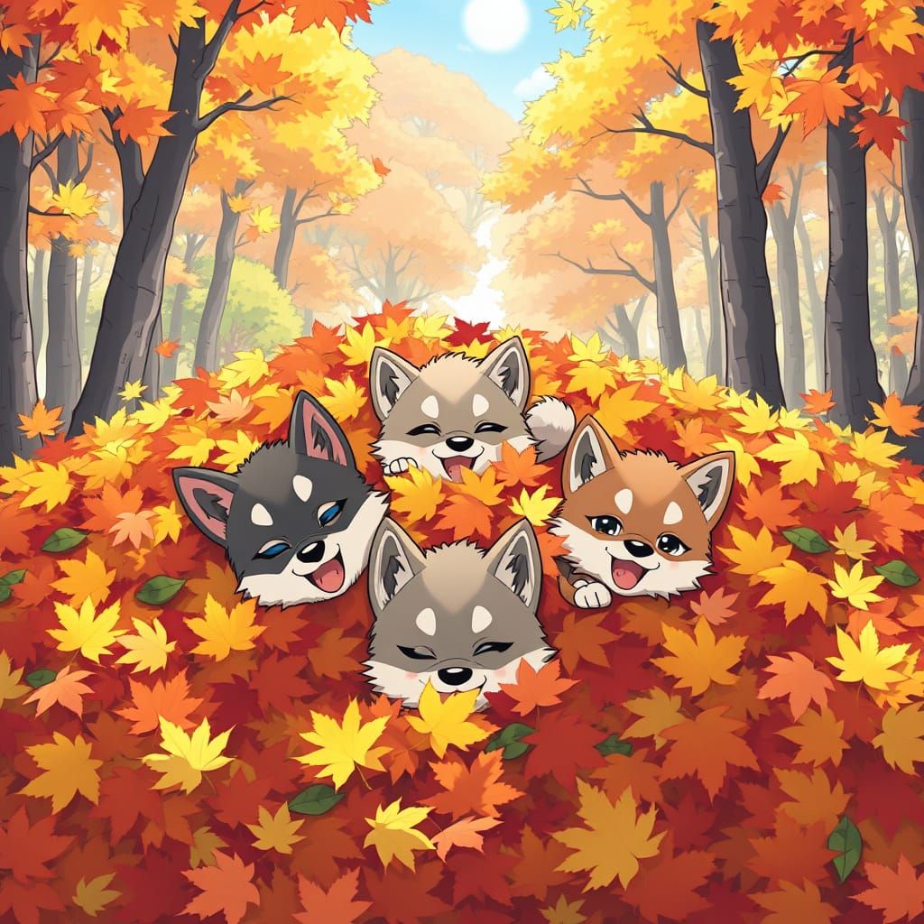 Cute Wolf Pups Play in Autumn Leaves
