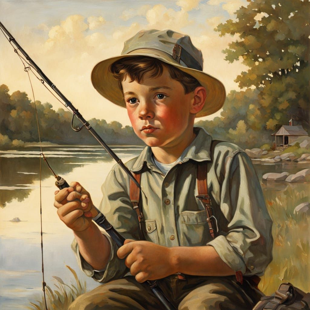 Boy with Fishing Rod in American Realism Style