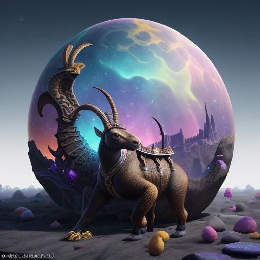 Aztec Ibex with Trident in Fantastical Landscape