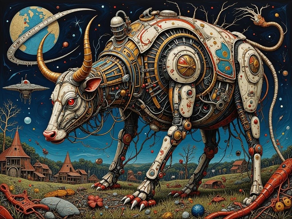 Cyberpunk Robot Cow in Yoshitaka Amano Style