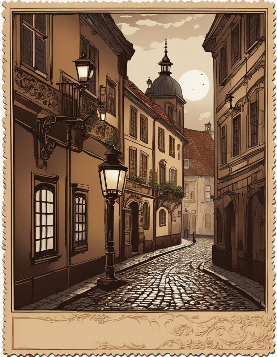 Romantic European Alley at Night with Baroque Details